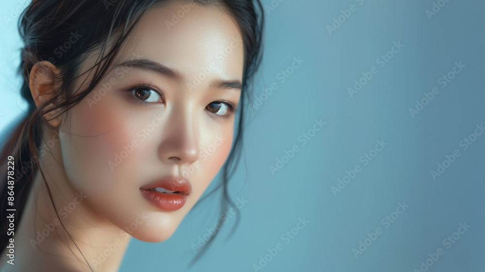 Portrait of a young woman with flawless skin, subtle makeup, and soft lighting set against a blue background. Portrait of a young woman with flawless skin, subtle makeup, and soft lighting set against a blue background.