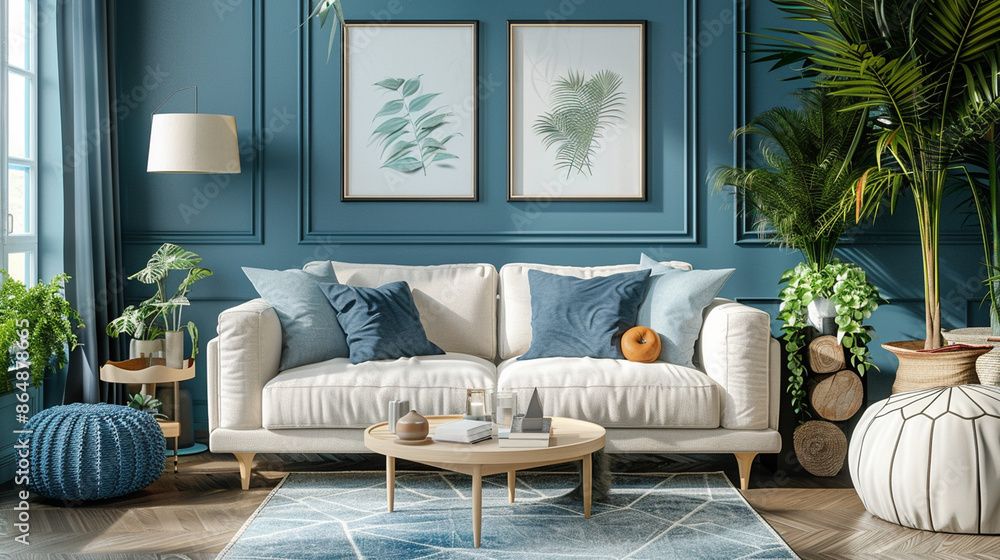 Obraz premium An elegant living room featuring contemporary furniture, large windows with a beautiful view, and sophisticated decor, offering a luxurious and comfortable space for living and entertaining.
