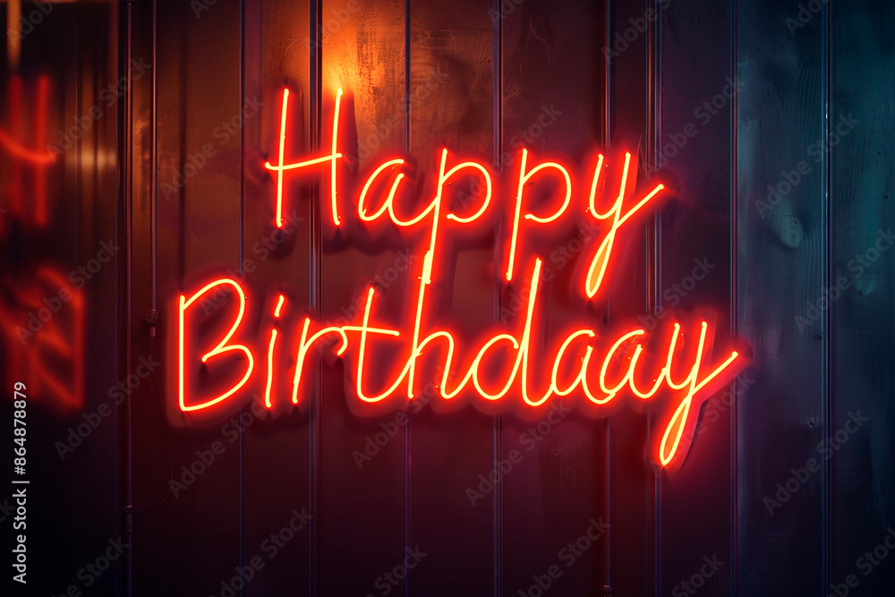 Neon red 'Happy Birthday' sign glowing against a dark background, creating a vibrant and festive mood Neon red 'Happy Birthday' sign glowing against a dark background, creating a vibrant and festive mood