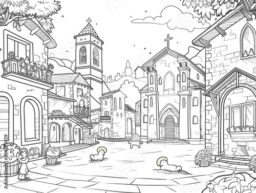 Wallpaper Mural Cartoon city square with a nativity scene, outlined for coloring, on a white background. Torontodigital.ca