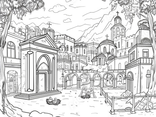 Wallpaper Mural Cartoon city square with a nativity scene, outlined for coloring, on a white background. Torontodigital.ca