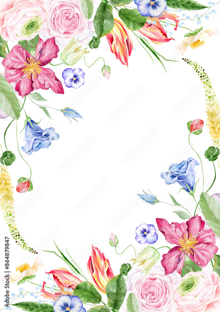 Naklejka premium watercolor summer flowers frame, botanical border, watercolor floral template. Garden rose flowers invitation. Border frame banner. template with arrangement flower and leaves