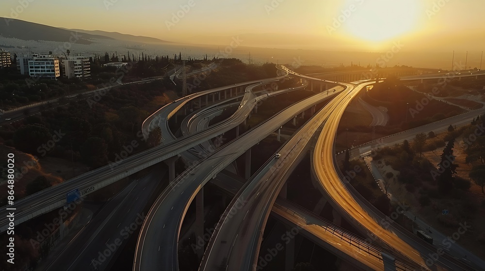 Aerial panoramic view of multilevel junction highway road as seen in Attiki Odos toll road motorway Athens Greece during golden sunset time : Generative AI Aerial panoramic view of multilevel junction highway road as seen in Attiki Odos toll road motorway Athens Greece during golden sunset time : Generative AI