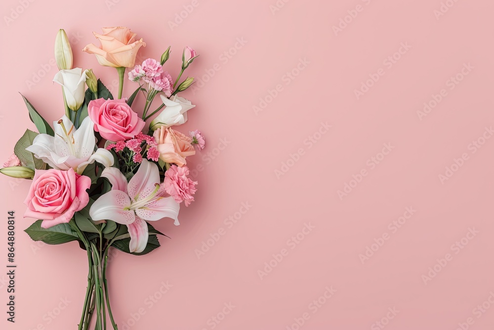 Flower bouquet with roses and lilies, left side, vibrant gradient background, elegant and colorful Flower bouquet with roses and lilies, left side, vibrant gradient background, elegant and colorful