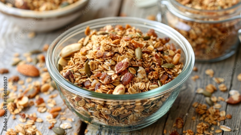 A batch of granola made with a variety of foraged nuts and seeds perfect for a quick and nutritious breakfast. A batch of granola made with a variety of foraged nuts and seeds perfect for a quick and nutritious breakfast.