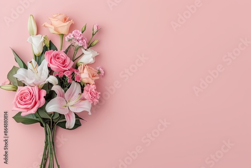 Flower bouquet with roses and lilies, left side, vibrant gradient background, elegant and colorful