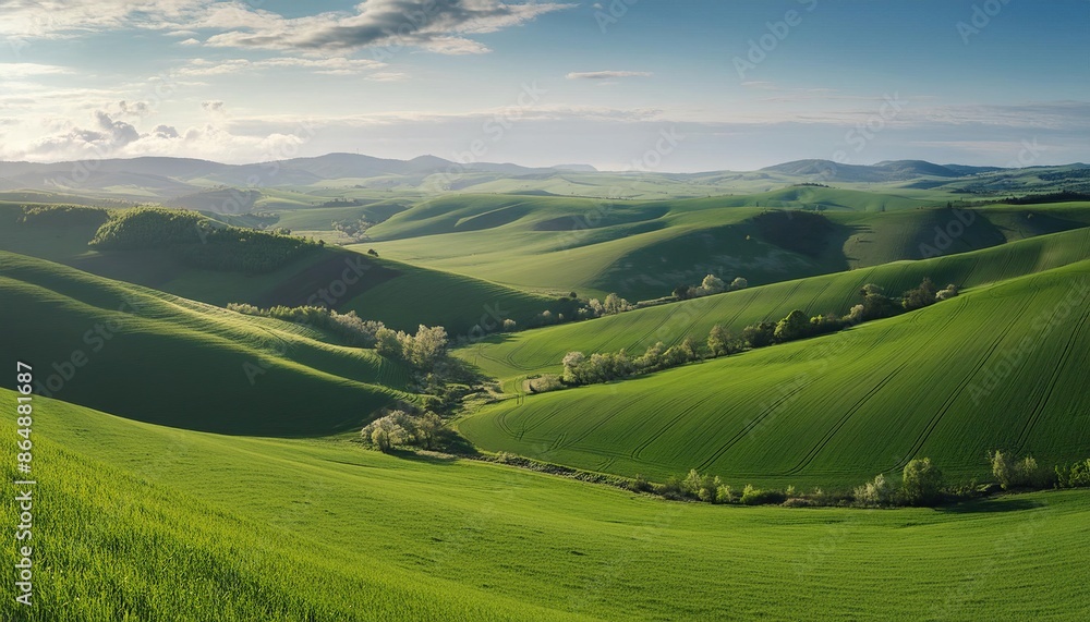 Fresh green fields in spring with a blue sky backdrop on a hill Fresh green fields in spring with a blue sky backdrop on a hill