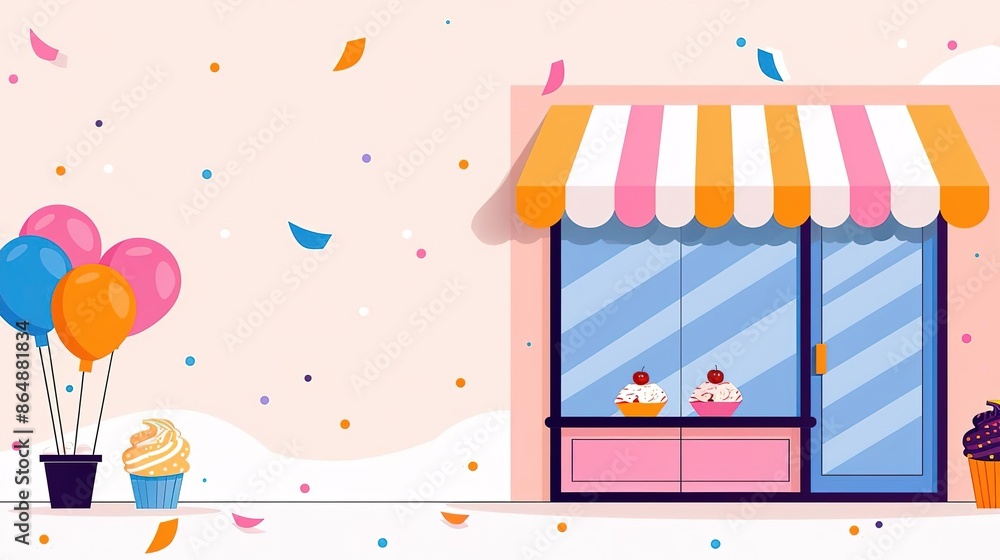 A cute storefront with balloons and confetti, perfect for a bakery or shop opening celebration. A cute storefront with balloons and confetti, perfect for a bakery or shop opening celebration.