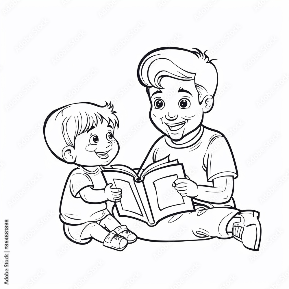 Cartoon father reading a book to child, outlined for coloring, on a white background. Cartoon father reading a book to child, outlined for coloring, on a white background.