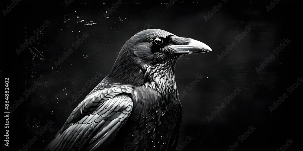 Fototapeta premium Engraved Image of a Black and White Crow with Outline. Concept Black and White Crow Engraving, Detailed Outline Art, Bird Illustration Portrait