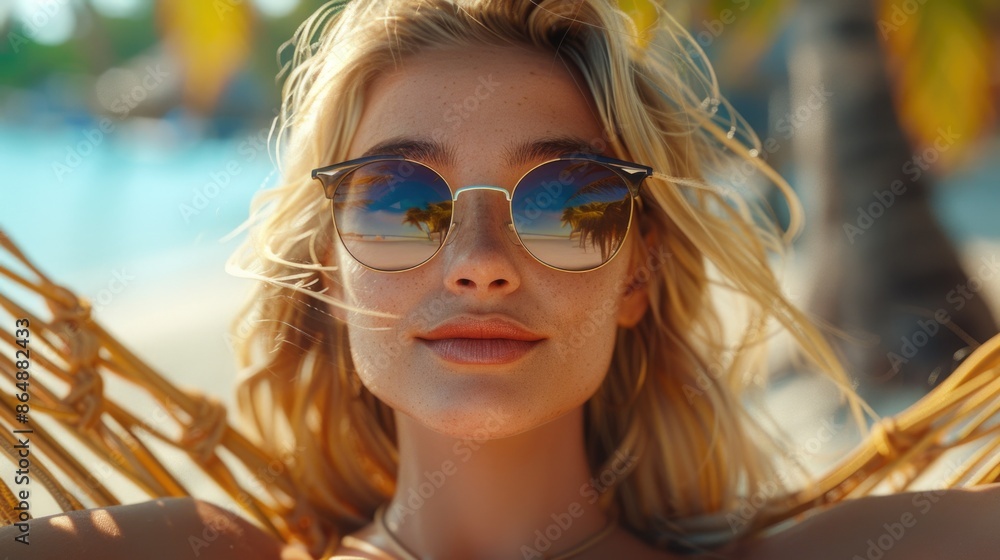 Summer Bliss: Young Woman Relaxing in a Hammock with Sunglasses Summer Bliss: Young Woman Relaxing in a Hammock with Sunglasses
