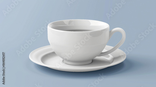 Photorealistic Ceramic Cup and Saucer on Blue Background - Detailed 3D Rendering of Classic Tableware. Perfect for Hot Beverages Like Coffee and Tea. 