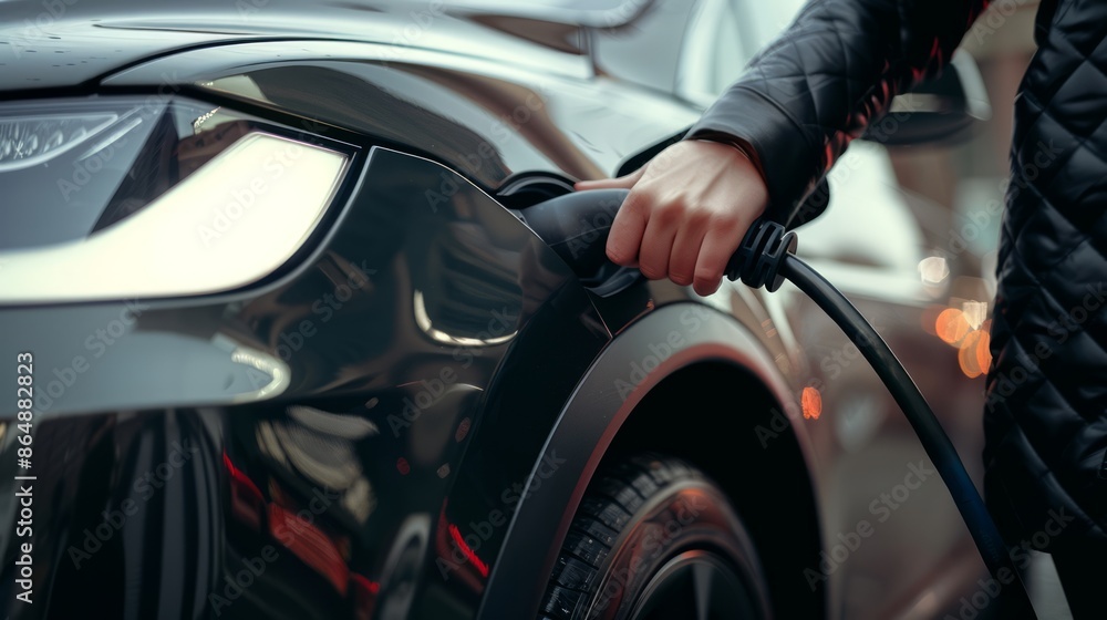 Close-up of a woman's hand charging an EV in a clean energy city. Close-up of a woman's hand charging an EV in a clean energy city.