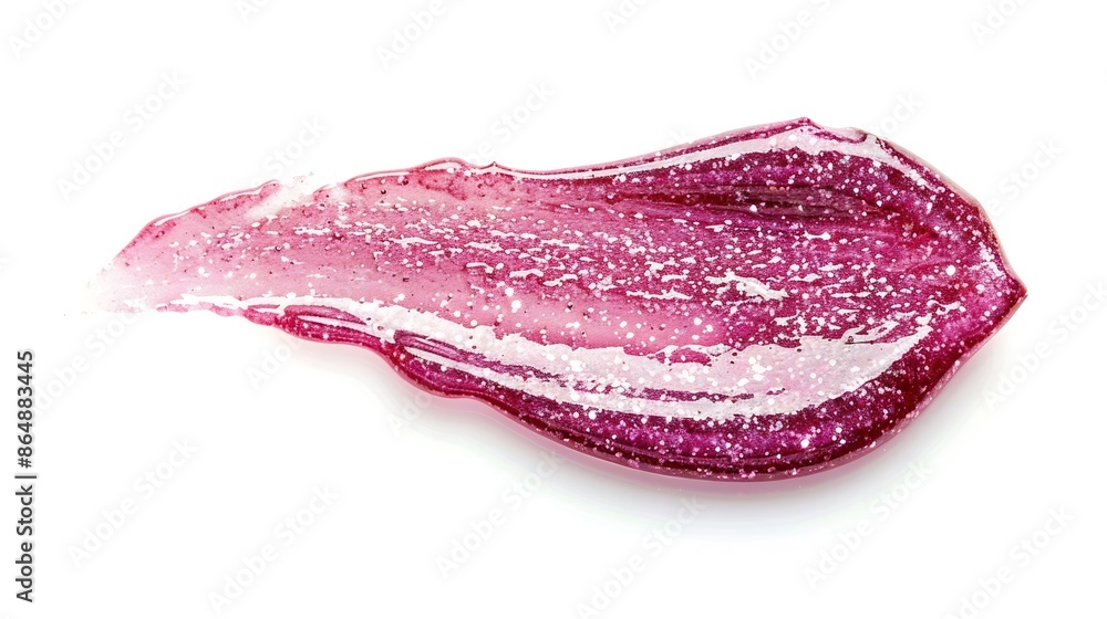 Fototapeta premium Pink shimmering lipgloss texture isolated on white background Smudged cosmetic product smear Makup swatch product sample : Generative AI