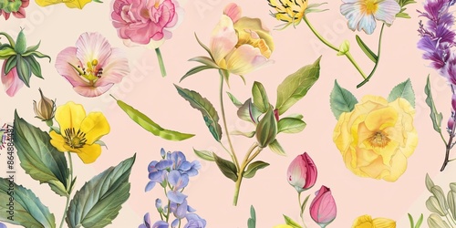 Elegant Vintage Floral Illustration on Soft Pink Background - Generative AI
