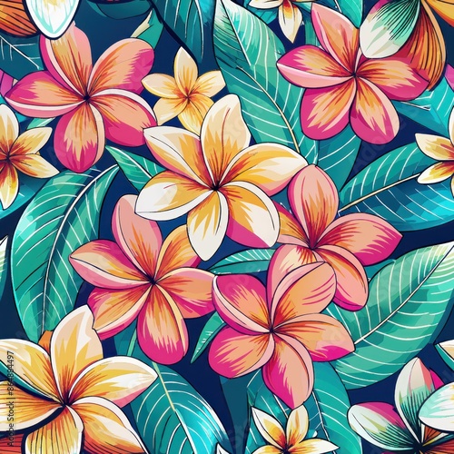 seamless pattern of exotic batik frangipani flowers, Generative AI