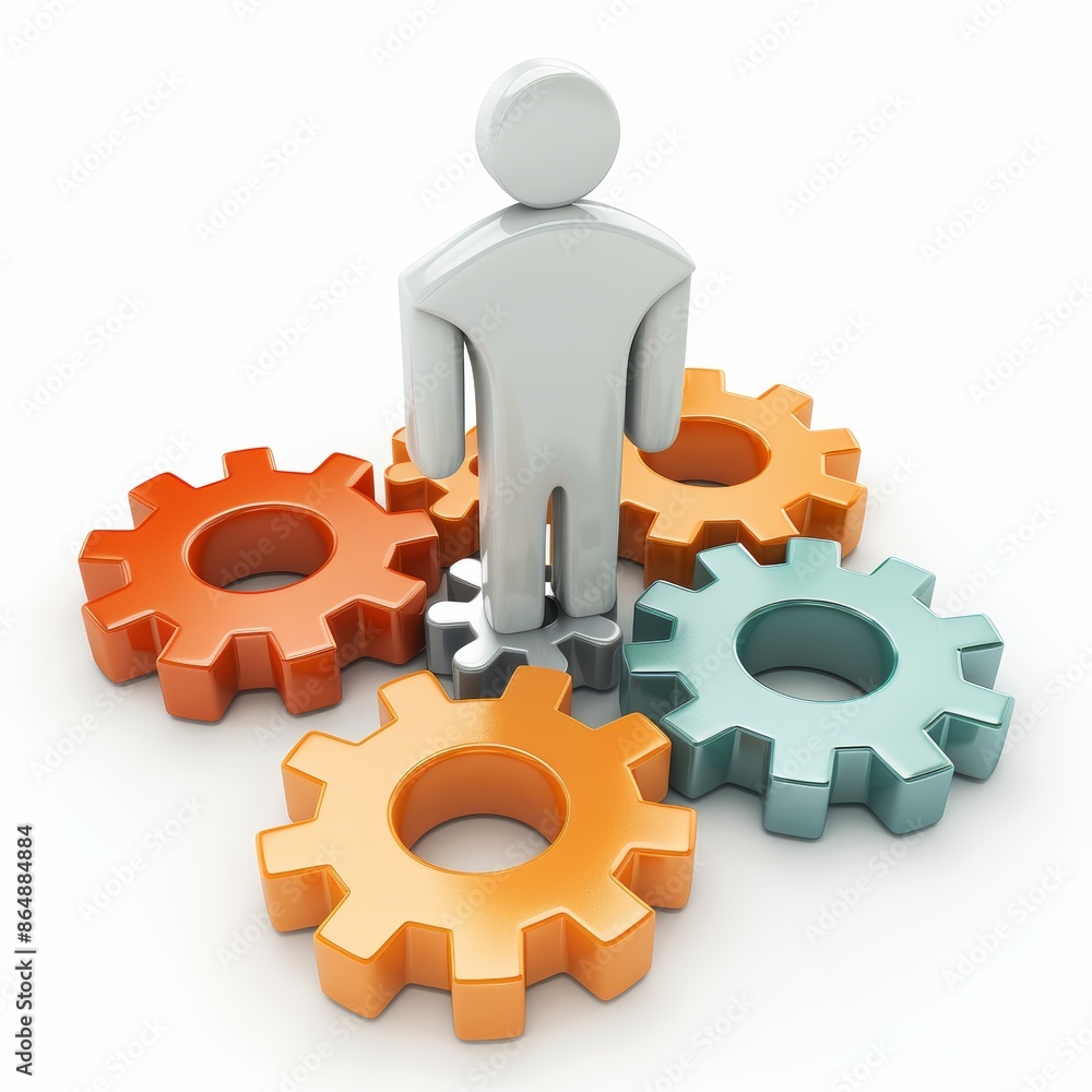 A 3D icon of a person with gears, representing productivity and efficiency in the workplace, suitable for job-related concepts. A 3D icon of a person with gears, representing productivity and efficiency in the workplace, suitable for job-related concepts.