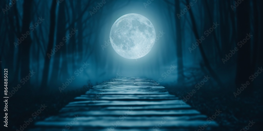 Fototapeta premium Mysterious moonlit forest path with fog and full moon illuminating a wooden walkway, creating an eerie yet mesmerizing atmosphere.