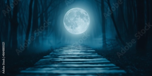 Mysterious moonlit forest path with fog and full moon illuminating a wooden walkway, creating an eerie yet mesmerizing atmosphere.