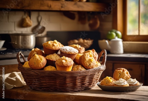 basket freshly baked muffins delicious homemade pastries displayed wicker container, tasty, appetizing, sweet, treats, goods, mouthwatering, delectable photo