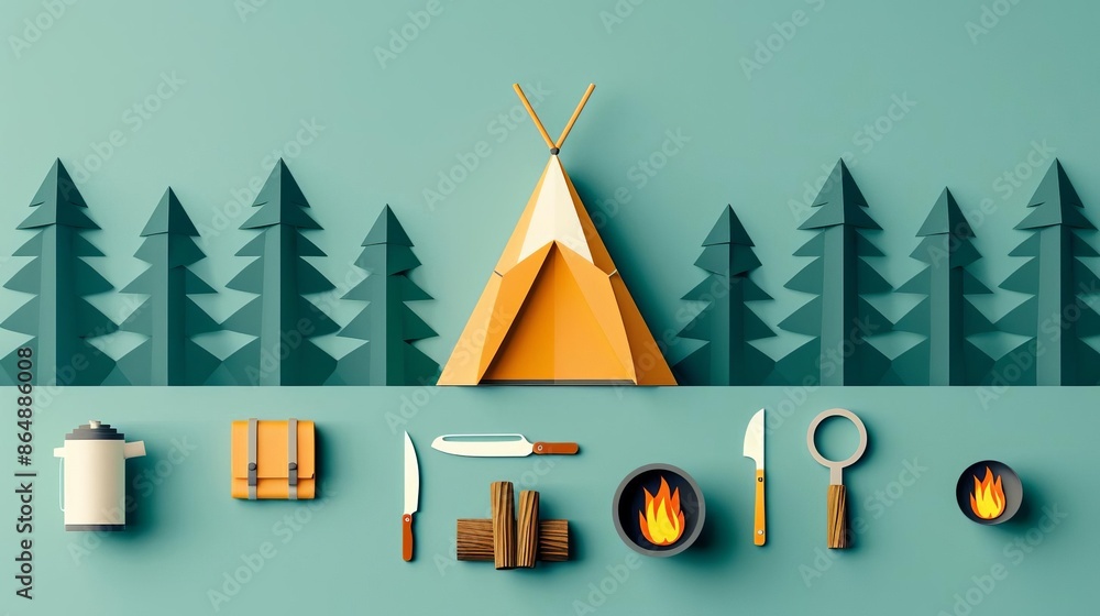Paper art featuring camping gear and a tent surrounded by trees, ideal for outdoor adventure concepts and nature-themed designs. Paper art featuring camping gear and a tent surrounded by trees, ideal for outdoor adventure concepts and nature-themed designs.
