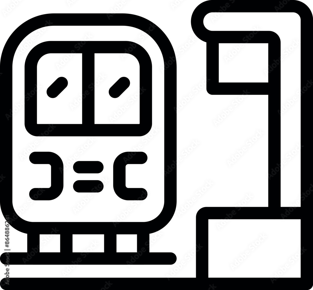 Simple, bold lined icon of a train stopped at a station platform Simple, bold lined icon of a train stopped at a station platform