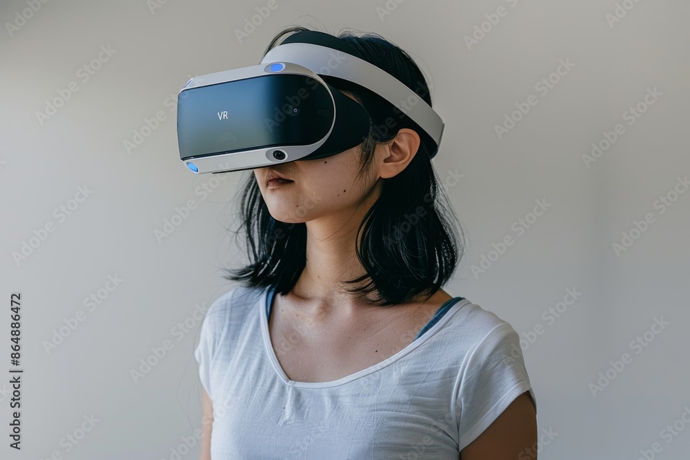 Woman using VR headset in a bright room, exploring immersive virtual reality and advanced digital technology, innovative indoor experience. Woman using VR headset in a bright room, exploring immersive virtual reality and advanced digital technology, innovative indoor experience.