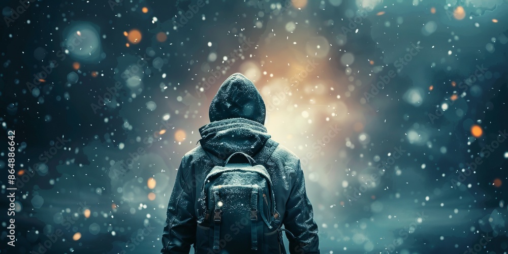 Fototapeta premium Person in winter clothing with backpack standing in falling snow, looking towards a glowing light, creating a mystical, serene atmosphere.