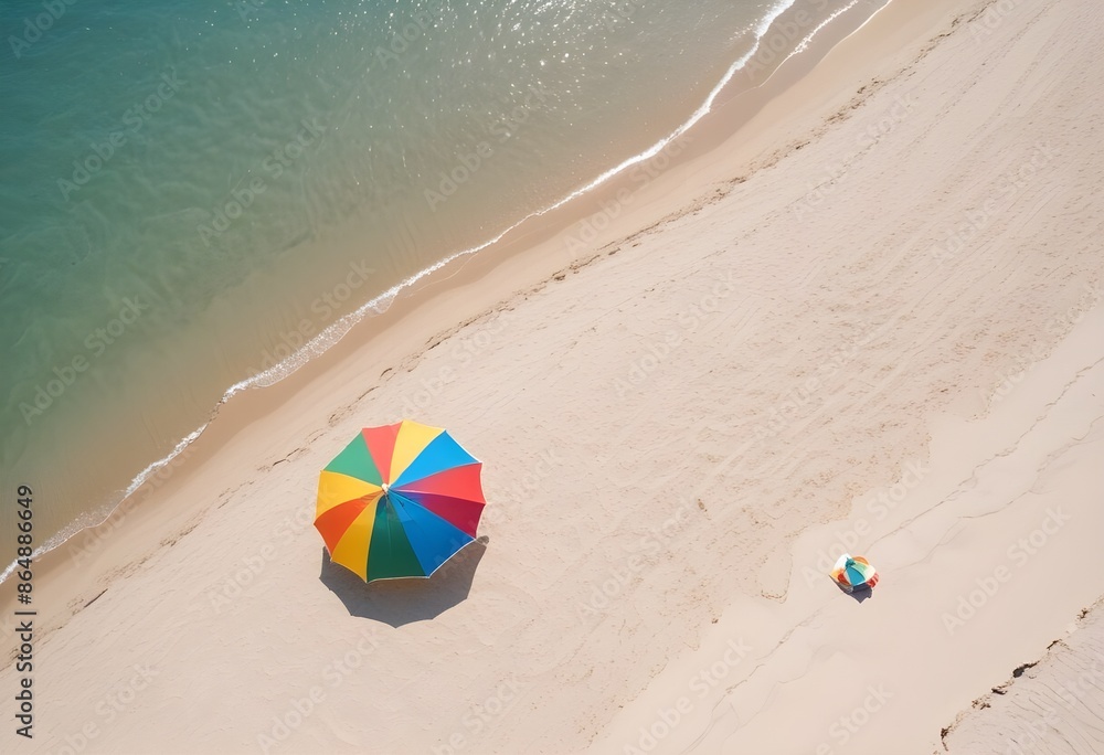 Obraz premium View from above of a colorful beach umbrella on a empty clean white sand beach, postcard sample, free space, background