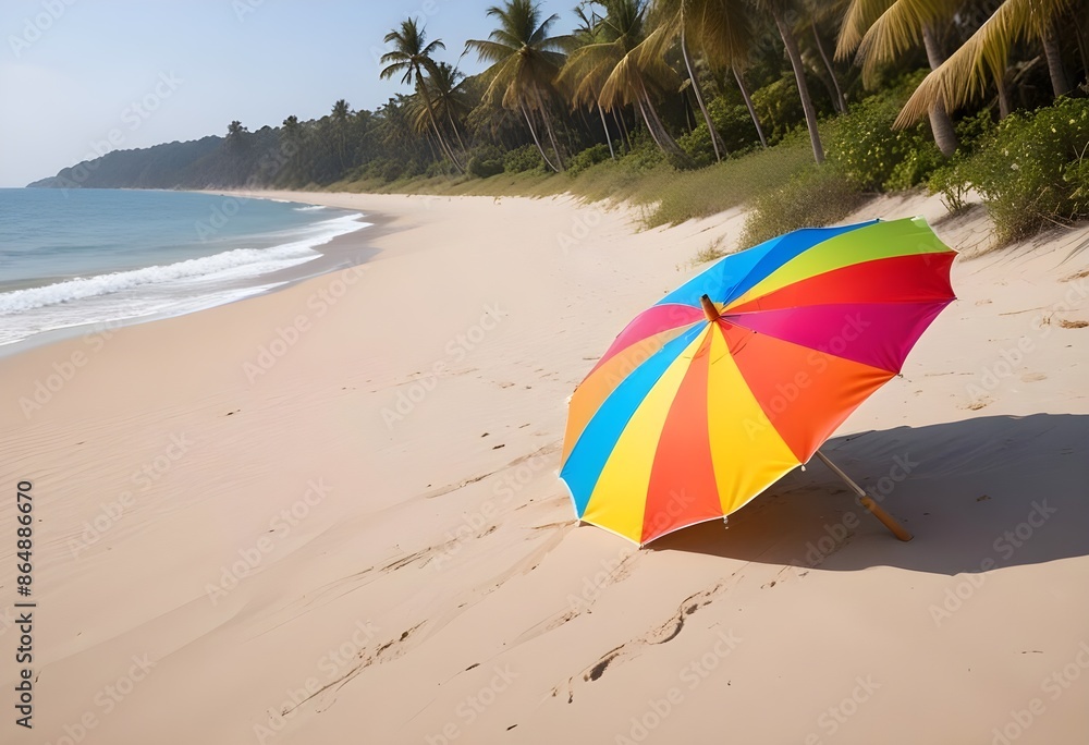 One colorful beach umbrella on a empty clean tropical white sand beach, palms and vegetation behind, postcard sample, free space, background One colorful beach umbrella on a empty clean tropical white sand beach, palms and vegetation behind, postcard sample, free space, background