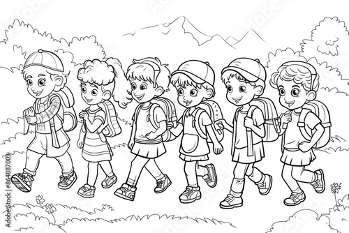 Cartoon kids on a school field trip, outlined for coloring, on a white background.