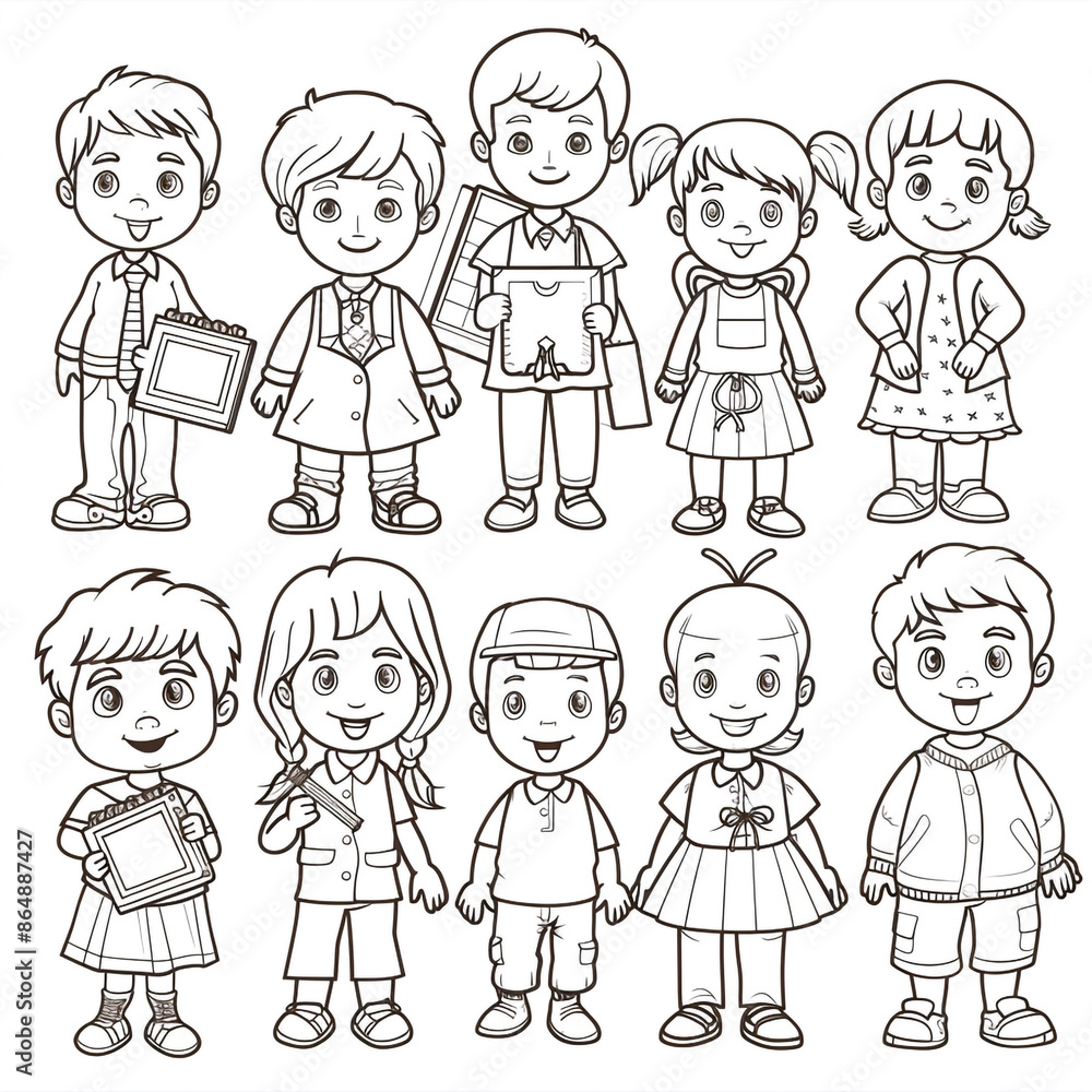 Cartoon kids with a school yearbook staff, outlined for coloring, on a white background. Cartoon kids with a school yearbook staff, outlined for coloring, on a white background.
