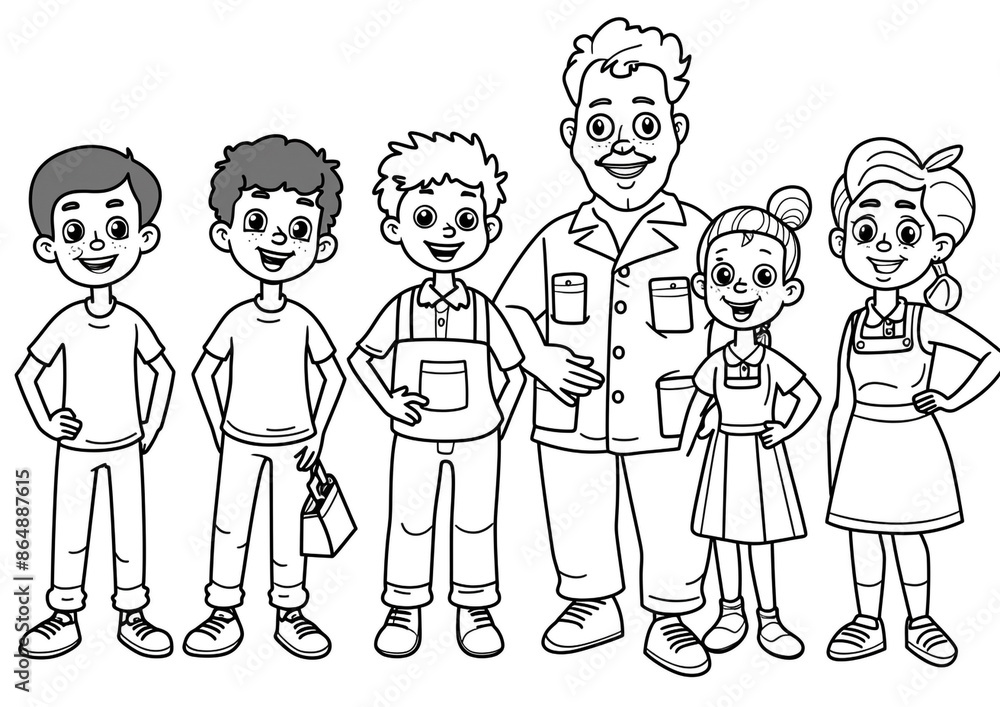 Cartoon kids with a school janitor, outlined for coloring, on a white background. Cartoon kids with a school janitor, outlined for coloring, on a white background.