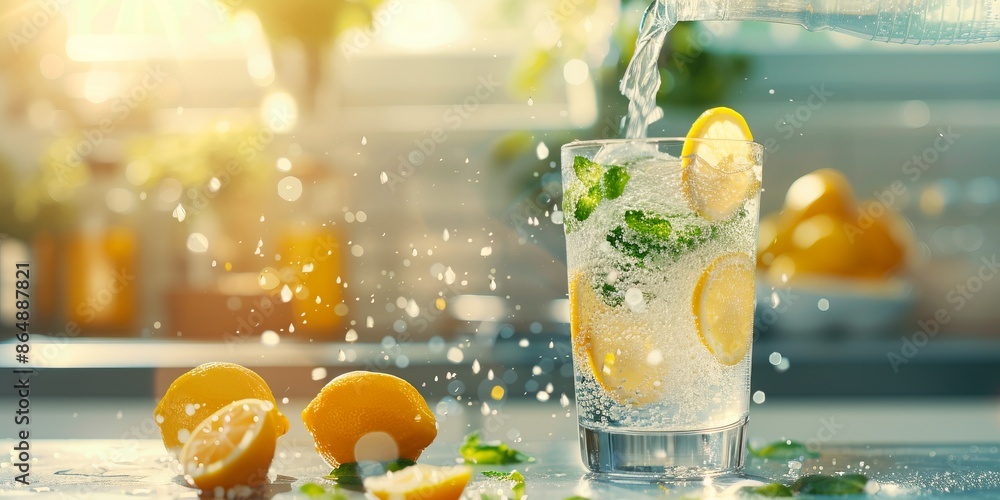 Refreshing lemonade being poured into a glass with ice, lemon slices, and mint leaves in a bright kitchen setting.
