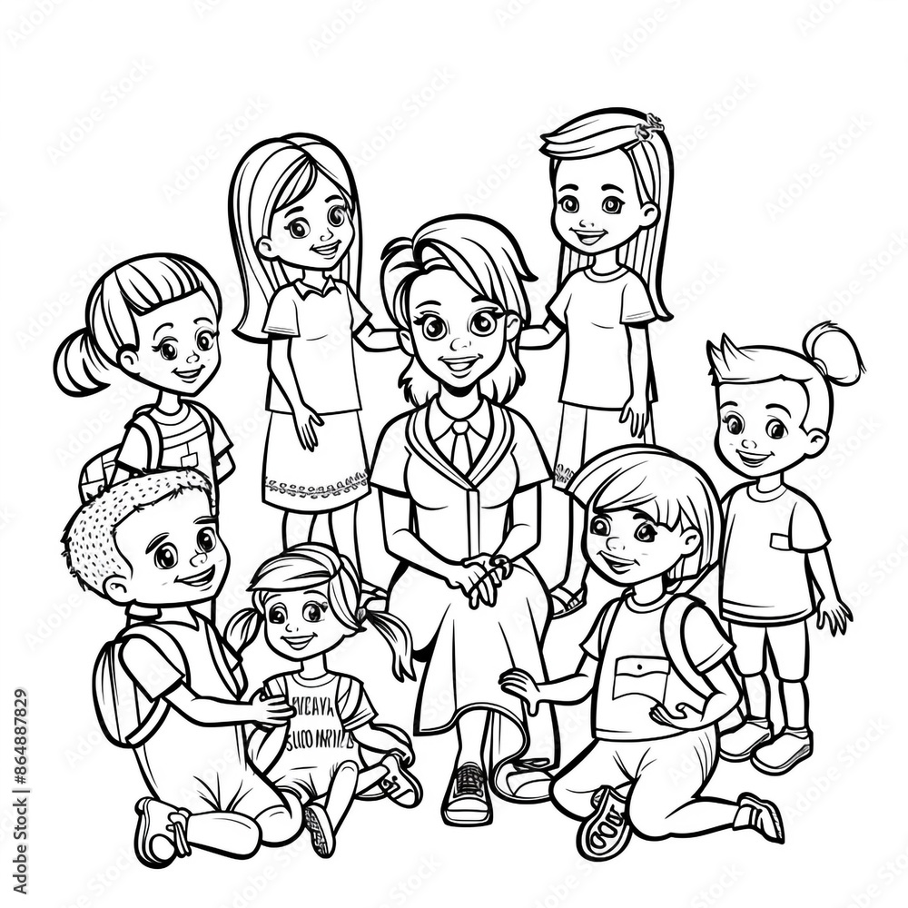 Cartoon kids with a school counselor, outlined for coloring, on a white background. Cartoon kids with a school counselor, outlined for coloring, on a white background.