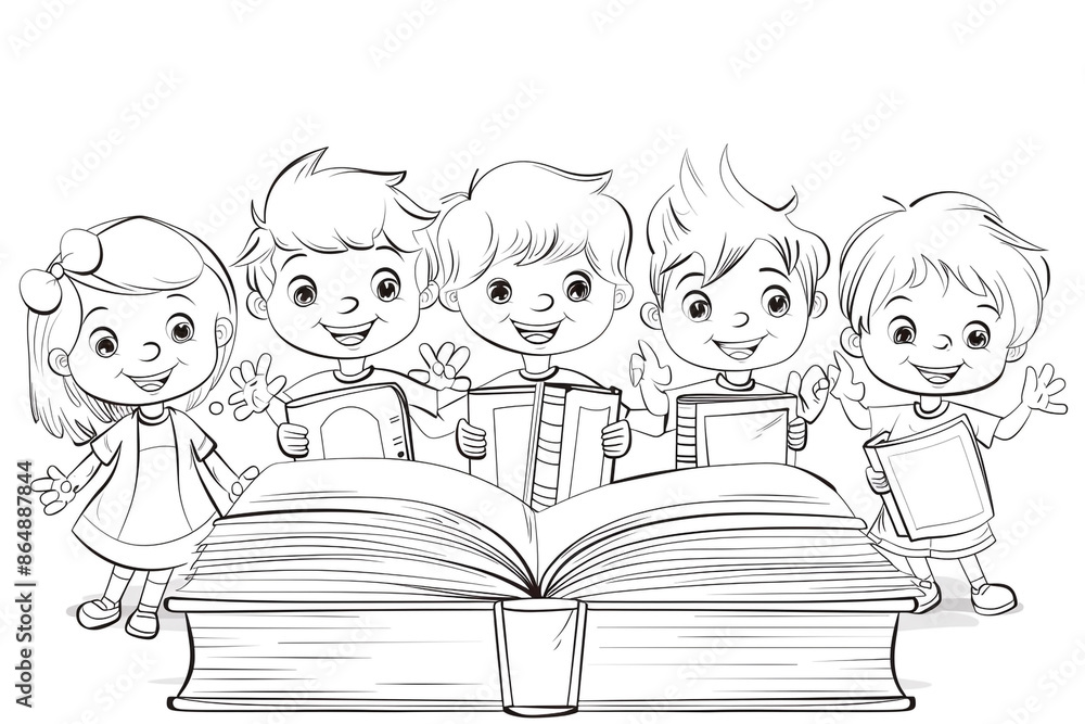 Cartoon kids with a school book club, outlined for coloring, on a white background. Cartoon kids with a school book club, outlined for coloring, on a white background.