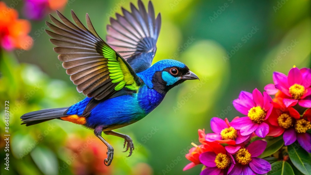 Obraz premium Paradise Tanager The Jewel of the Rainforest flying flying near flowers