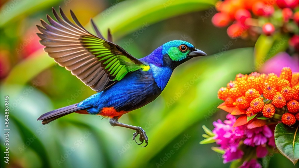 Fototapeta premium Paradise Tanager The Jewel of the Rainforest flying flying near flowers