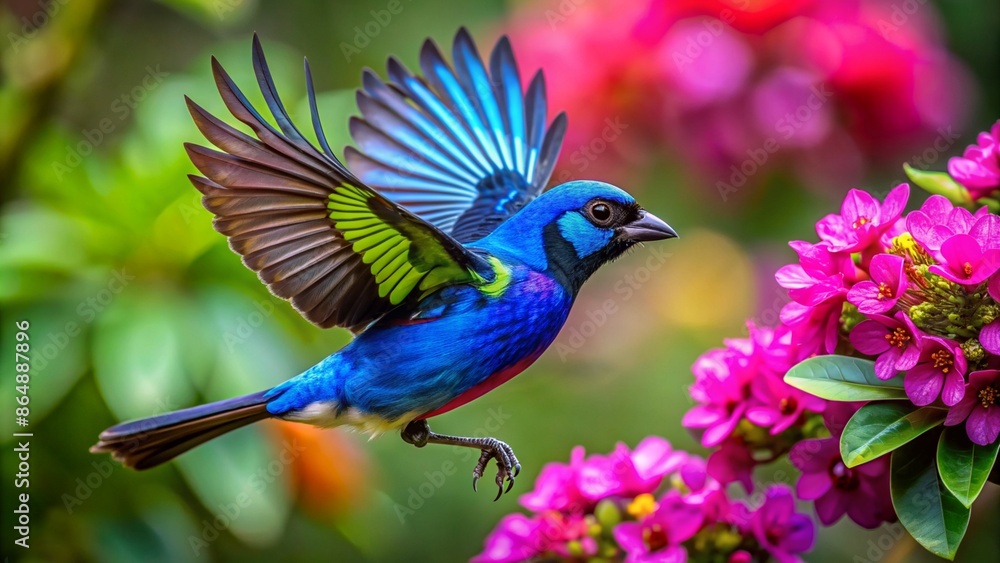 Paradise Tanager The Jewel of the Rainforest flying flying near flowers Paradise Tanager The Jewel of the Rainforest flying flying near flowers
