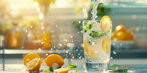 Obraz na płótnie Refreshing lemonade being poured into a glass with ice, lemon slices, and mint leaves in a bright kitchen setting. w salonie