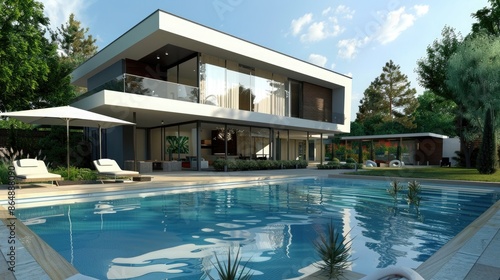 Modern impressive villa with swimming pool and garden, generative ai © sania