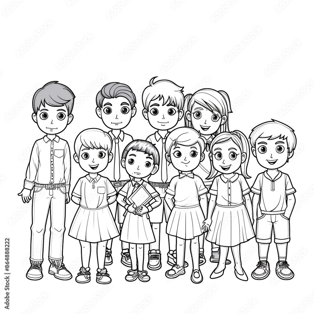 Cartoon kids with a school debate team, outlined for coloring, on a white background. Cartoon kids with a school debate team, outlined for coloring, on a white background.