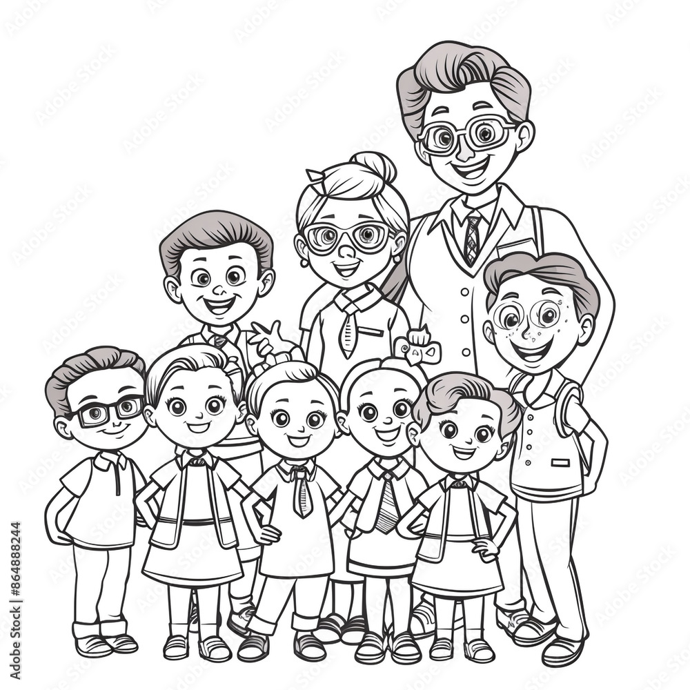 Cartoon kids with a school counselor, outlined for coloring, on a white background. Cartoon kids with a school counselor, outlined for coloring, on a white background.