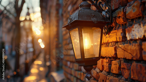 Vintage streetlamp on a brick wall during sunset, warm glow.