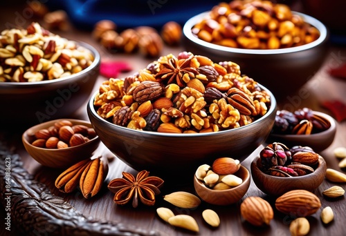 variety spiced nuts presented stylish decorative bowls, snacks, gourmet, assortment, crunchy, mixed, tasty, appetizer, seasoning, culinary, display