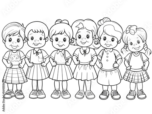 Cartoon kids with a school drama club, outlined for coloring, on a white background.