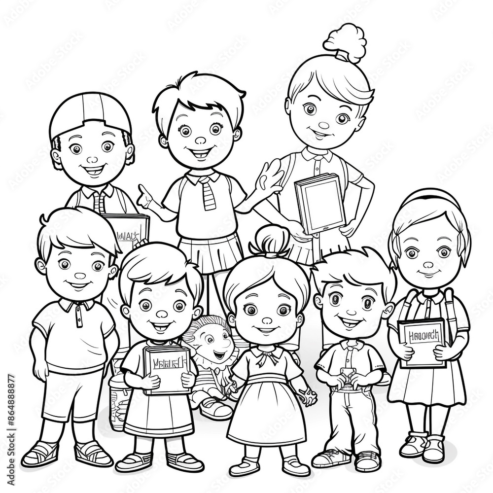 Cartoon kids with a school yearbook staff, outlined for coloring, on a white background. Cartoon kids with a school yearbook staff, outlined for coloring, on a white background.