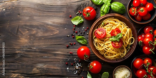 Tomato Basil Parmesan Spaghetti on Wooden Table with Fresh Tomatoes. Concept Food Photography, Italian Cuisine, Fresh Ingredients, Homemade Pasta, Rustic Setting