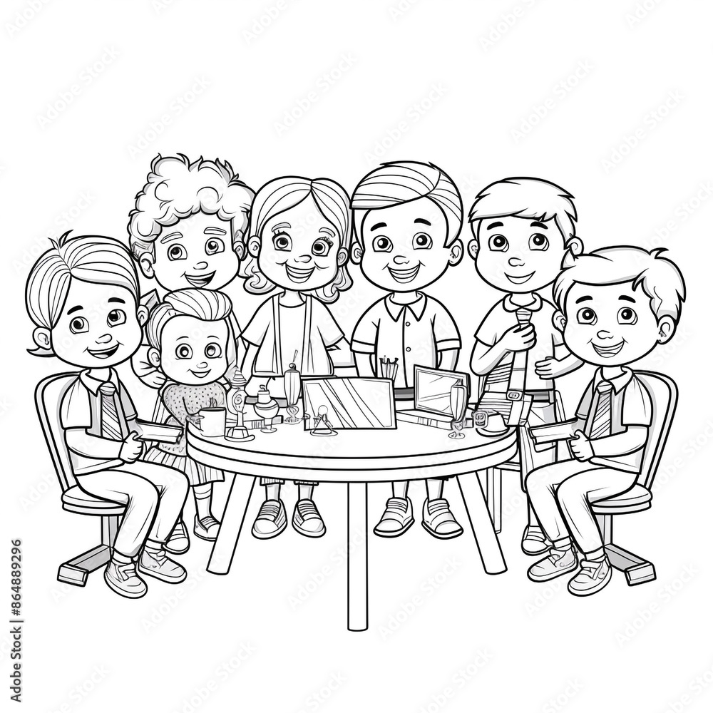 Cartoon kids with a school debate team, outlined for coloring, on a white background. Cartoon kids with a school debate team, outlined for coloring, on a white background.
