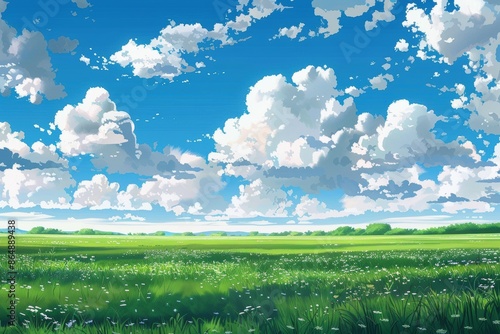 Beautiful scenic landscape of green meadow and puffy white clouds in the blue sky. Summer season, outdoor nature scenery.